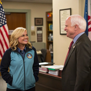 A candid moment from 'Parks and Recreation'. Leslie Knope, April Ludgate, and Senator John McCain in the Parks Department office. American flag visible. Leslie in her signature outfit, April in a dark blazer.