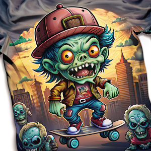  A scary chibi cowboy zombie rocker play skateboard, print ready vector t-shirt design, illustration celebrating halloween, sticker, professional vector, street art, high detail, t-shirt design, graffiti, vibrant, urban landscape, solid color, warm color, white backround