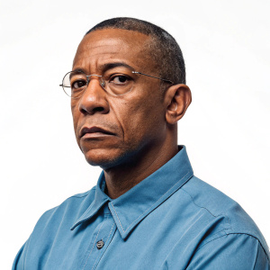 A mugshot of Gustavo Fring. Stern face, wearing a blue button-down shirt. White background.