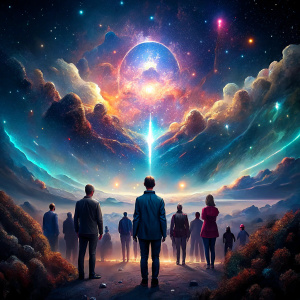 a group of 20 people are staring far into the universe.  You can see sparking stars from far away and the people give a feeling of community and unity in this new era. the background is full of nature and vegetation. At the end of the sky you can see a very shiny light