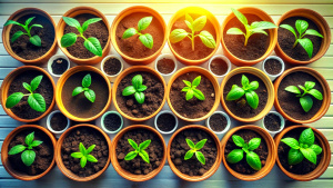 Baby plants seeding in flower pots. Spring planting. Early seedling, grown from seeds in pots at home. Small garden in balcony, terrace, urban community garden. Top view