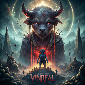 Horror poster for a movie called Vnreal of a Silhouette of a angry "baby minotaur" bull head crying with gortesque features and a Greek bloody axe in his hand, Prisoner in the labyrinth of Crete. With a Labyrinth texture and some Mist in the air. Dark, loneliness, depressed, Grotesque and sadness vibe. Labyrinth texture 