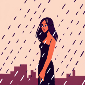 Jennifer Love Hewitt in a dramatic scene. Wearing a black dress, standing alone on a rainy city street.