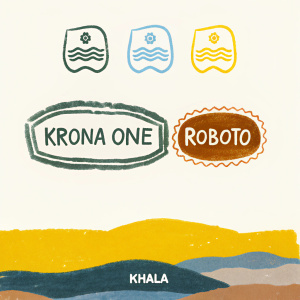 Khala brand showcase. Various logo variations and font styles including Krona One and Roboto. Simple, graphic background.