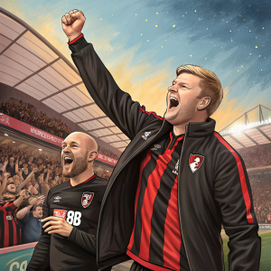 Eddie Howe, fist raised, standing beside a bald man. Both celebrating passionately. Stadium crowd energy in the background