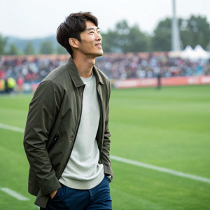 Kim Young Kwang, soccer player, in a casual outfit. Green field background with audience in the distance.