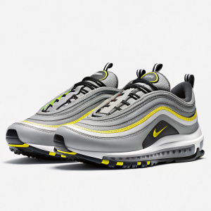 Illustration of Nike Air Max 97 sneakers in digital format. Modern design. Colors: gray, black, and yellow