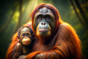 Orangutan mother cares for her baby, full body photoshoot