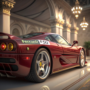 A stunning close-up of a sleek red Ferrari F50. The car's aerodynamic body gleams under the lights. Green and gold logo on the side panel. High-end car show setting