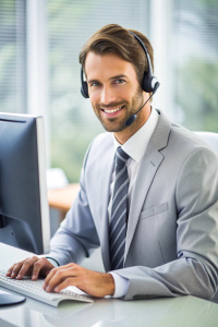 Dedicated male call center operator wearing headset working on computer in call center office.