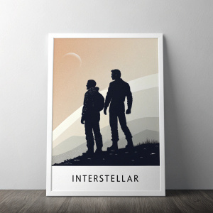 Minimalist poster for Interstellar featuring two black silhouetted figures standing close together against a light background. Title 'Interstellar' in bold letters at the bottom.