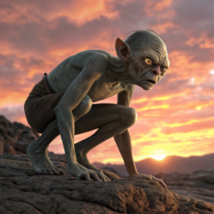 Digital 3D render of Gollum. Crouching on rocky terrain. Vibrant sunset sky background.