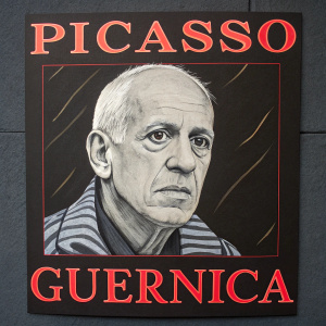 A detailed analysis of Picasso's 'Guernica'. Black background with bold text highlighting the painting's themes of suffering and protest.