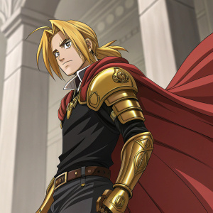 Edward Elric, from the anime Fullmetal Alchemist, depicted in a dramatic pose, wearing his iconic gold-armored limbs. Serious expression on a formal backdrop.