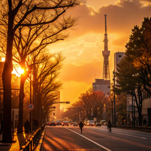 Sunset in Tokyo, Japan. Golden hues cast long shadows on bustling streets. Trees stand tall, branches silhouetted against the fiery sky. Lens flares sparkle across the scene.