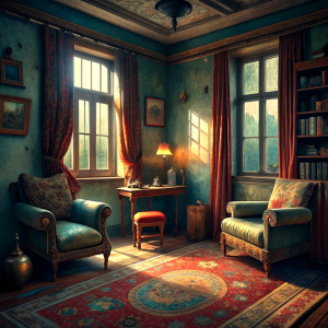Poor Turkish student house. There are old armchairs, a study table and a wood stove. There is linoleum and old carpet on the floor. There are old 80's curtains on the window. There is a small dining table and 2 chairs. A light bulb hangs from the ceiling.