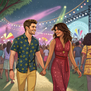 Zac Efron and Priyanka Chopra, holding hands, walking through crowded festival. Vibrant stage setup in background.