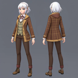 3D illustration of a character from the Atelier Escha & Logy anime series. She wears a brown jacket with a plaid pattern and brown pants. Her hair is white and voluminous. Two different poses on a simple gray background.
