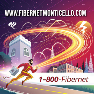 Fibernet Monticello, offering lightning-fast internet. Vibrant digital ad featuring website URL and contact phone number.