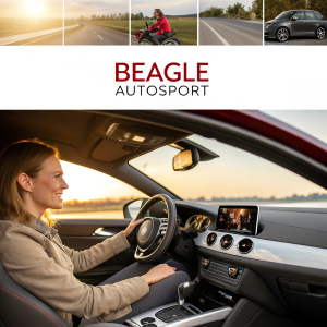 Beagle Autosport website features gallery, contact info. Car dashboard and woman in car interior images showcased.