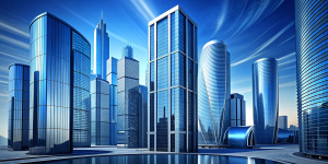 Modern skyscrapers of a smart city, futuristic financial district, graphic perspective of buildings and reflections - Architectural blue background for corporate and business brochure template 