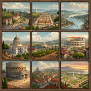 A mosaic of Imperator: Rome gameplay screenshots. Varied scenes from the game depicted in a style reminiscent of ancient paintings. Each frame captures distinct moments, from bustling city squares to serene countryside.