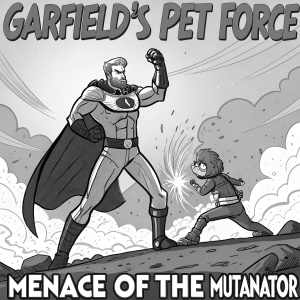 Illustration of a comic book cover for Garfield's Pet Force. Menace of the Mutanator. Dynamic action scenes featuring muscular hero in heroic pose and another character in fighting stance. Artistic depiction in black and white.