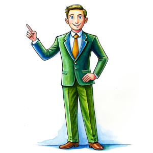 40 years old teacher in suit, as a drawing for a cartoon, on a white background, whole body he points with his hands