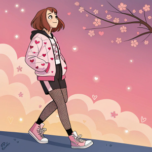 Illustration of Ochako Uraraka, from 'My Hero Academia'. She has brown hair, a pink heart-patterned jacket, black shorts, fishnet stockings, and pink sneakers. The background is a vibrant, gradient sky with cherry blossom patterns, glowing softly.