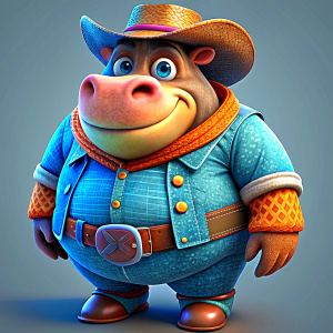 cute hippo in style of  the film the lion sleeps tonight  wearing blue jeans, blue denim Shirt cowboy boots  and cowboy hat