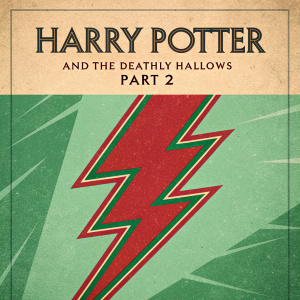 Official movie poster for Harry Potter and the Deathly Hallows Part 2. Stylized lightning bolt design in vibrant green and red hues. Dynamic and warm color palette, textured background. Movie title in bold font at the top.