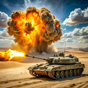crea una imagen de un tanque tiger II disparando y explosiones próximas, de fondo un desierto
