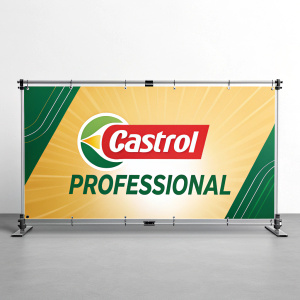 A vibrant promotional banner for Castrol. Featuring the Castrol logo and the word 'Professional' in a sleek, modern font. A sleek symbol on the left. Bright and clean background.