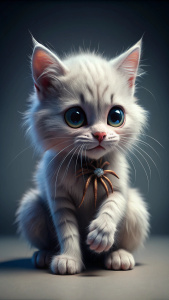 Um gatinho branco fofinho sendo mordido por uma aranha, estilo furry,3d,16k, Photo ultra realista cinematográfico 