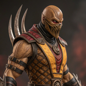 A lifelike statue of Baraka from Mortal Kombat. The statue features sharp, metallic claws and a highly detailed, textured surface.