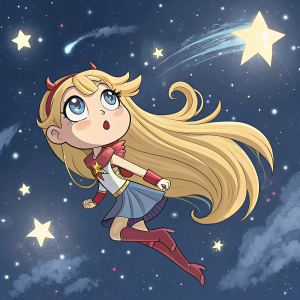 Long-haired blonde heroine with anime eyes. Floating amidst a galaxy of stars, mid-jump, with a determined expression.