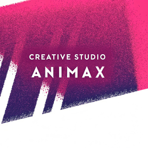 Creative studio Animax logo design. Blue accents and modern shapes. Plain white background