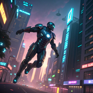 Concept art of Tony Stark's Iron Man suit. Flying through neon-lit cityscape in virtual reality gaming preview.