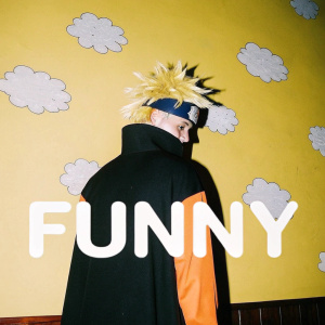 Naruto, the ninja with spiky blonde hair, in a humorous anime scene. He's wearing a blue and orange outfit with a black cloak. Set against a bright yellow background filled with quirky speech bubbles and the word 'FUNNY' prominently displayed in bold letters.