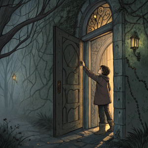 Illustration for the book 'The Door in the Wall' by H.G. Wells. A character reaching out to open a mysterious door.