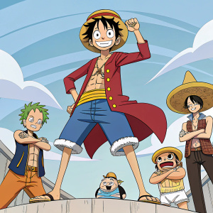 Dynamic panel from One Piece manga featuring Luffy and crew. Each character has a unique pose and facial expression, rendered in vibrant anime style.