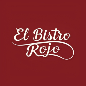 Logo design for El Bistro Rojo. Elegant cursive script in a classic style, with a rich red background. The text emphasizes the brand name, hinting at a sophisticated and creative culinary environment.