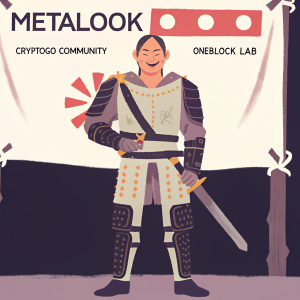 Stalwart Asian warrior, resplendent in ceremonial attire, stands before a grandiose banner. The banner, emblazoned with Metalook's bold brand name, also bears the seals of Cryptogo Community and OneBlock Lab.