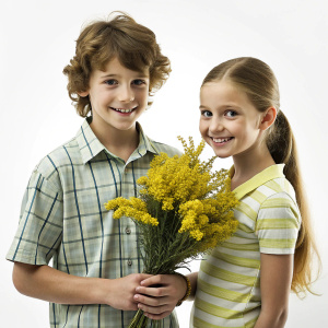 loving couple of teenagers dressed casually gives him a bouquet of mimosa flower