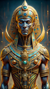 Anatomically, physically correct full-length body of an ancient Egyptian pharaoh made of gold, silver, platinum. On the head is a classic, stylized futuristic claft crown of an ancient Egyptian pharaoh. On the eyes there is stylized makeup in the ancient Egyptian style. On the face there are stylized, futuristic tattoos in the style of a Celtic pattern. On the body there are futuristic, stylized battle armor in the ancient Egyptian style. On areas of the body free from armor there are stylized t