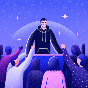 Mitchell Trubisky, quarterback, in a casual black hoodie. At a fan meet-and-greet event, surrounded by excited supporters.