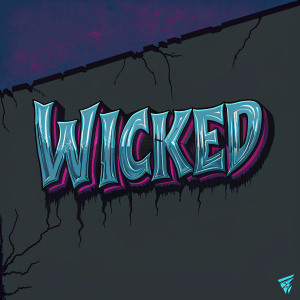 Illustration of the word 'Wicked' in bold, graffiti-like font. White letters stand out against a deep black background. The design features sharp, irregular edges and a handmade feel. Modern and edgy graphic style.