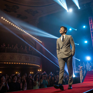Henry Golding, standing on a grand stage, wearing a tailored suit. Surrounded by a vibrant audience, bright stage lights.