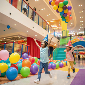 A vibrant birthday celebration at Jump'n Fun in Dubai Marina Mall. Kids with colorful balloons and party hats, excitedly playing on the second level.