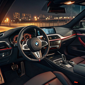 A sleek and modern interior of the BMW M235i xDrive. The dashboard illuminated with ambient lighting. Close-up shot highlighting the luxurious details.